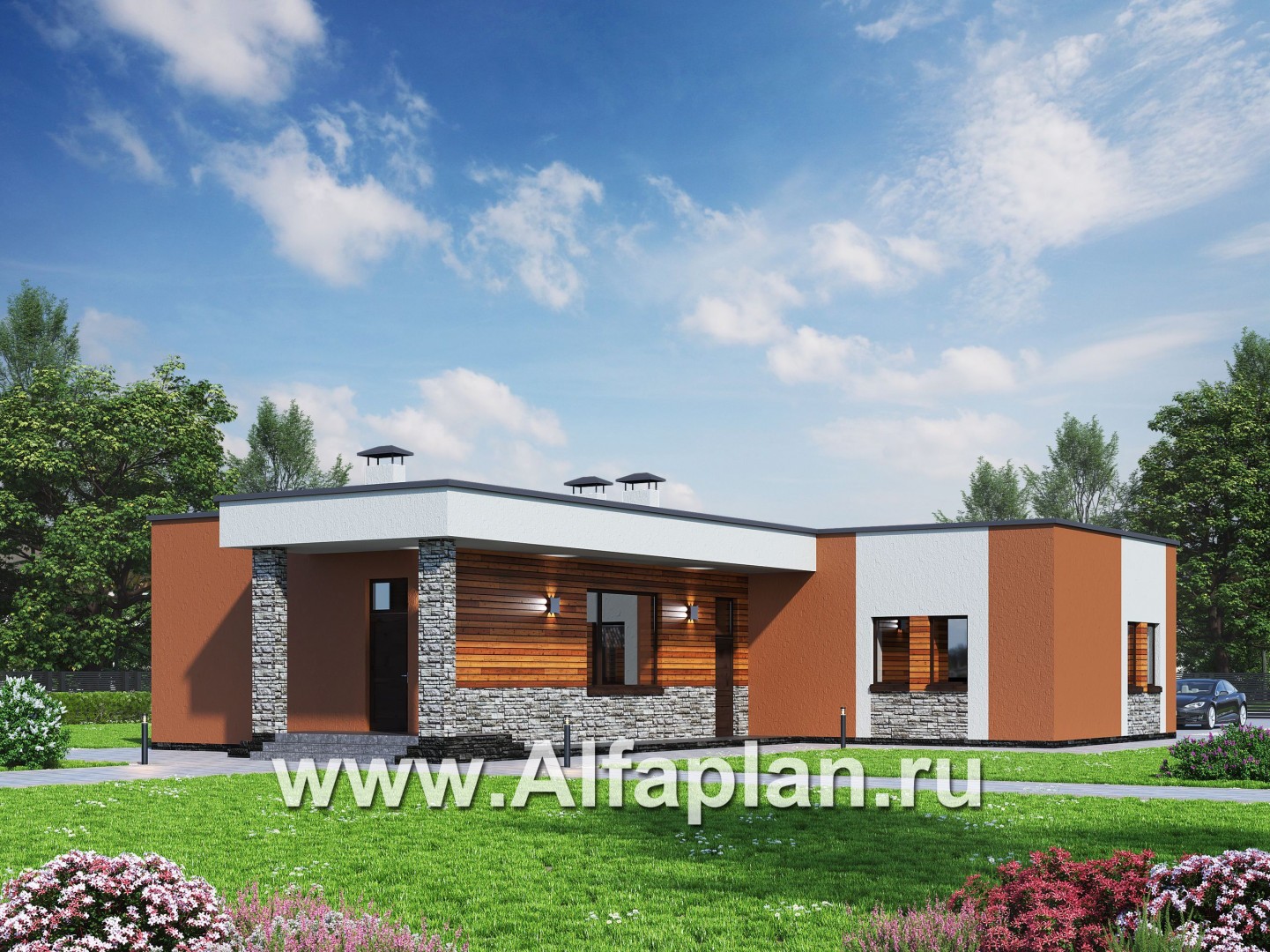 Проект гаража на 4 авто, и баня с сауной и хамам, с плоской кровлей - основное изображение