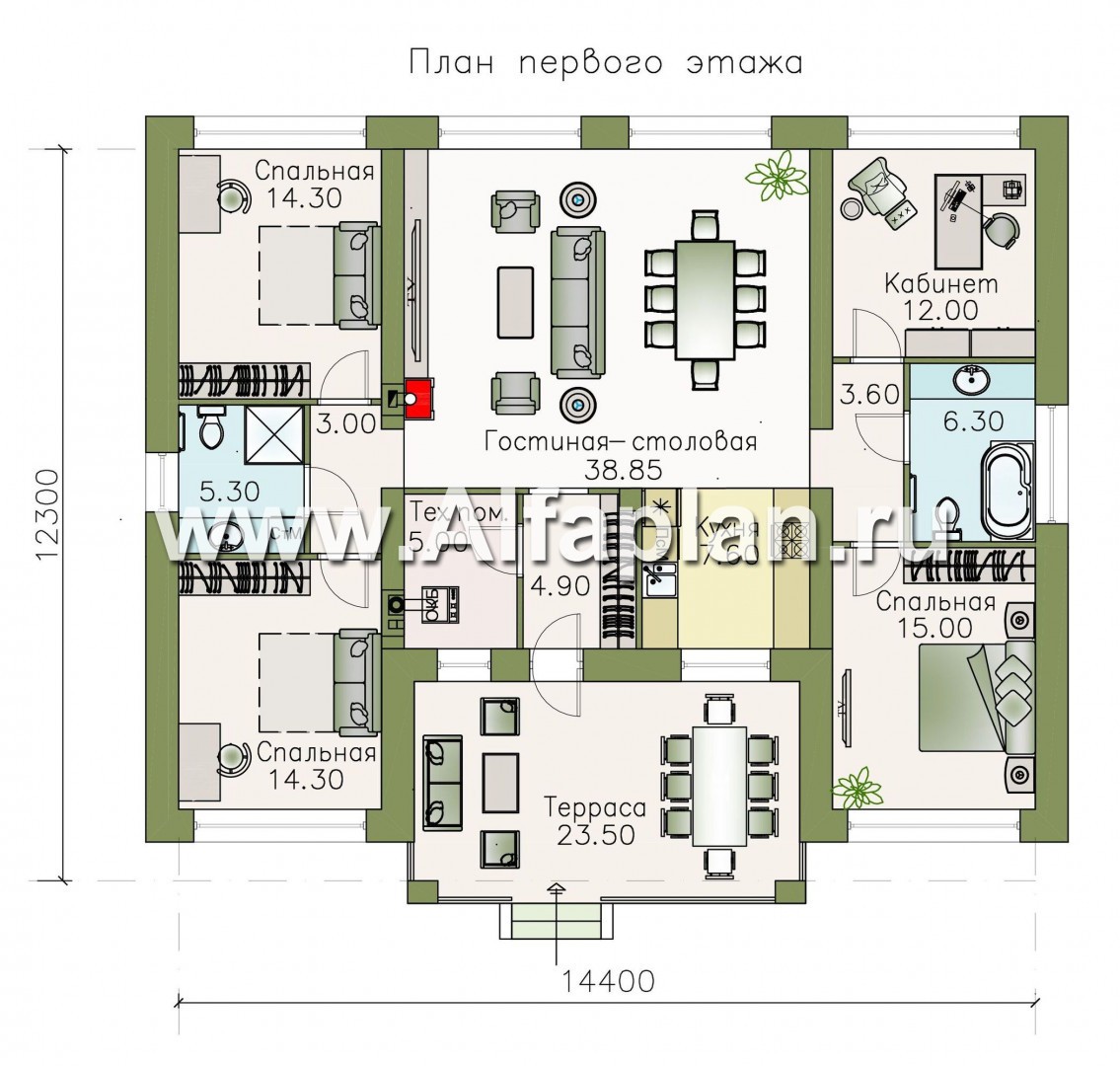 Проекты домов Альфаплан - «Стрельна» - одноэтажный дом с четырьмя комнатами и террасой - план проекта №1