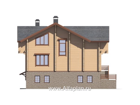 «Традиция» - проект дом с мансардой из бревен, с гаражом и сауной в каменном цоколе,  для участков с рельефом - превью фасада дома