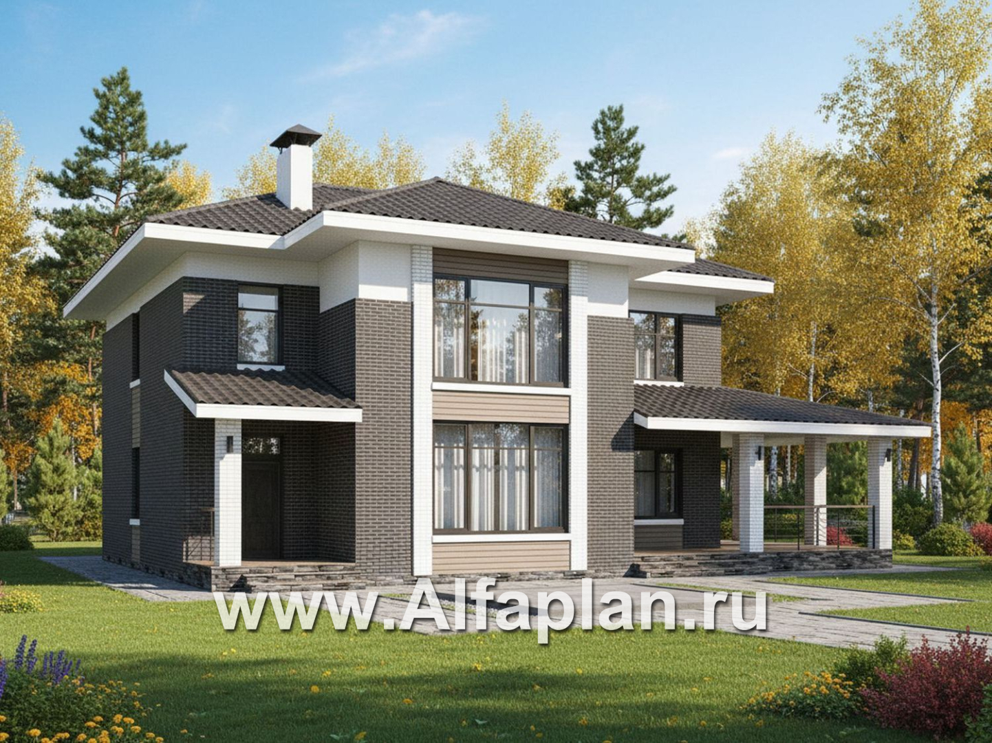 «Вермеер» - проект двухэтажного дома, планировка с лестницей в гостиной и мастер спальня, с террасой - основное изображение