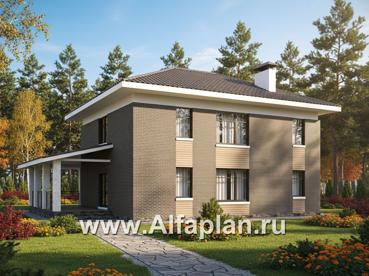 «Вермеер» - проект двухэтажного дома, планировка с лестницей в гостиной и мастер спальня, с террасой - дизайн дома №2