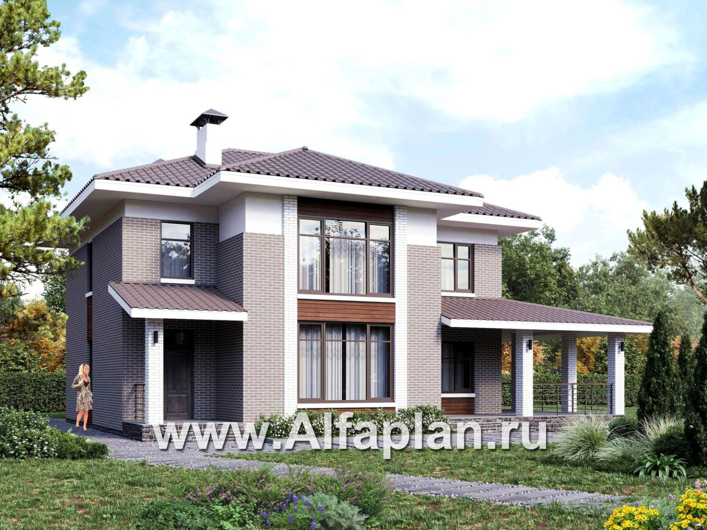 «Вермеер» - проект двухэтажного дома, планировка с лестницей в гостиной и мастер спальня, с террасой - дизайн дома №3