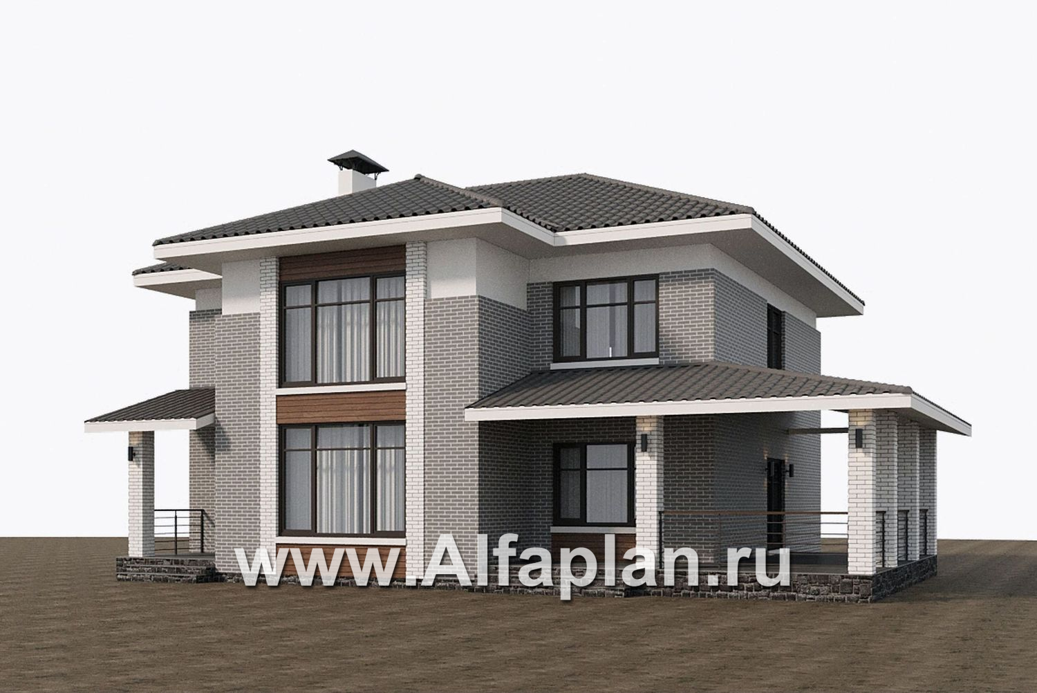 «Вермеер» - проект двухэтажного дома, планировка с лестницей в гостиной и мастер спальня, с террасой - дизайн дома №4