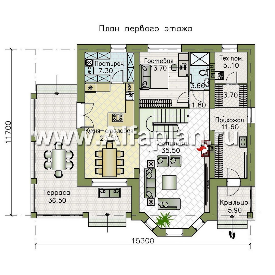Проекты домов Альфаплан - Проект двухэтажного дома с эркером и лестницей в гостиной - план проекта №1