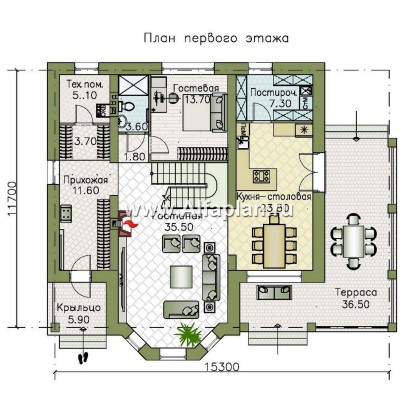 Проекты домов Альфаплан - Проект двухэтажного дома с эркером и лестницей в гостиной - превью плана проекта №1