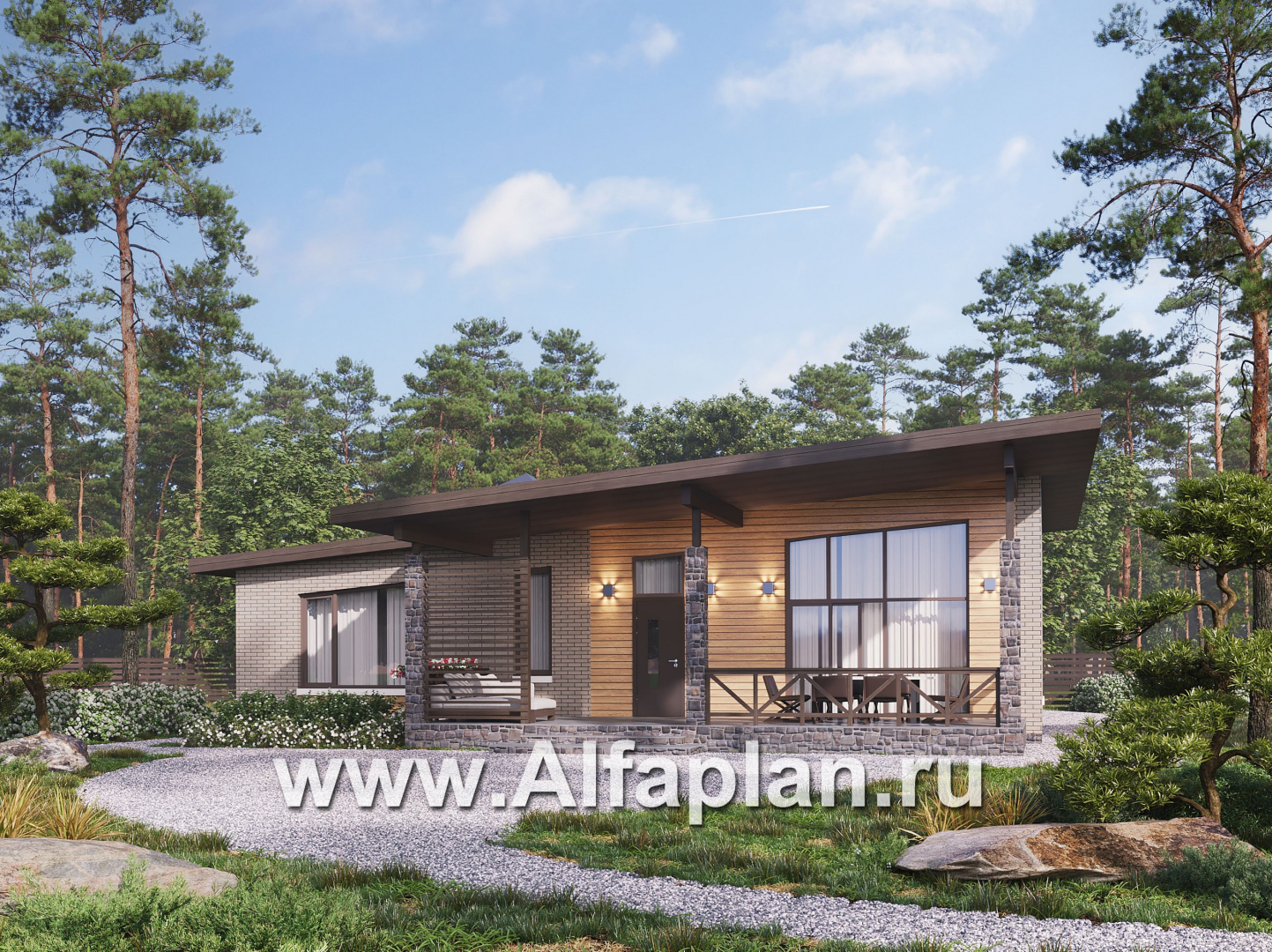 Проекты домов Альфаплан - "Стрелец" -проект современного одноэтажного дома с односкатной крышей - основное изображение