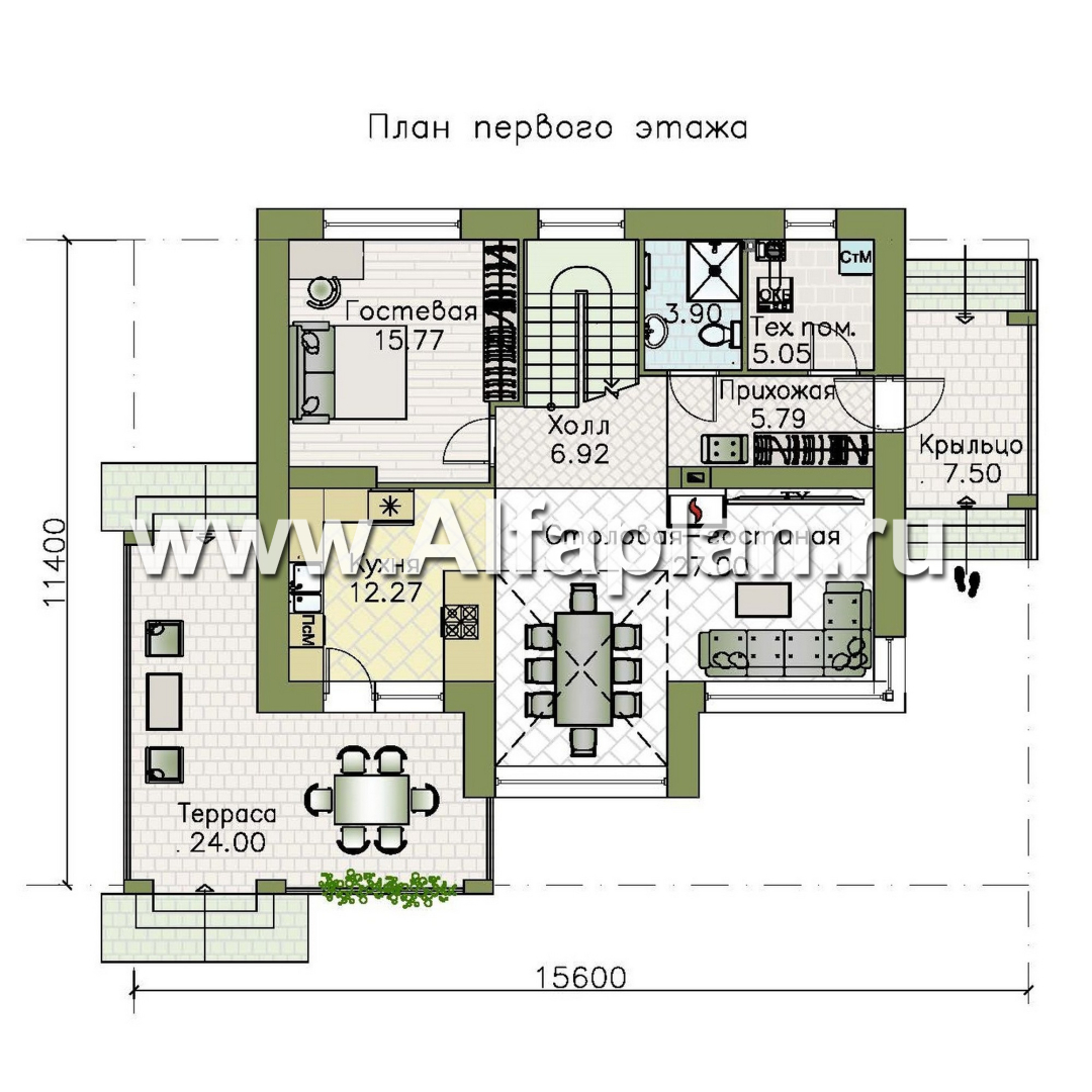 «Компас» - проект двухэтажного дома, планировка со вторым светом и террасой, в стиле Райта - план дома