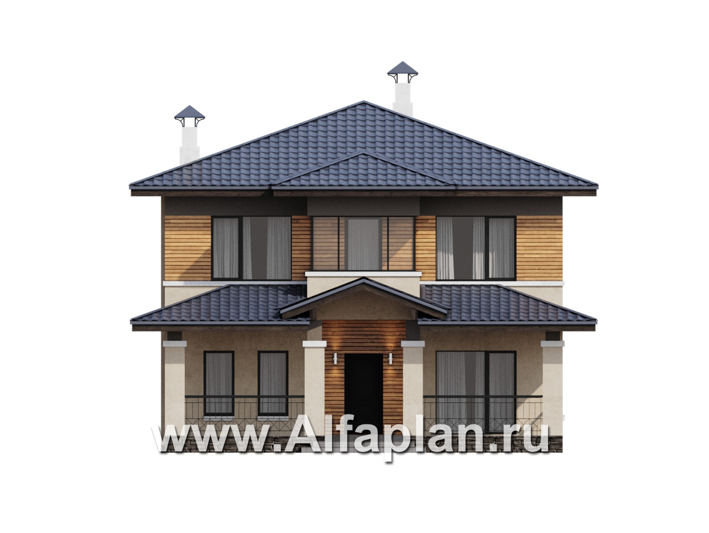 «Невада» - проект двухэтажного дома из газобетона, с террасой со стороны входа, в стиле Райта - фасад дома