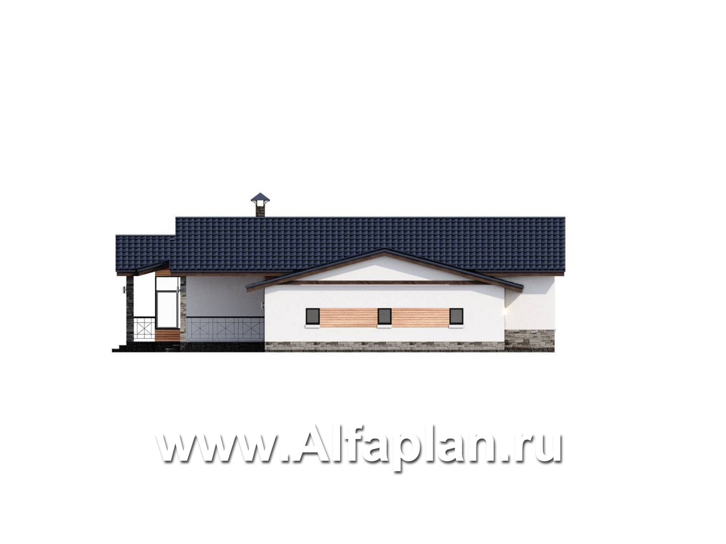 «Альтернатива» - проект современного одноэтажного дома, мастер спальня, с сауной и с террасой - фасад дома