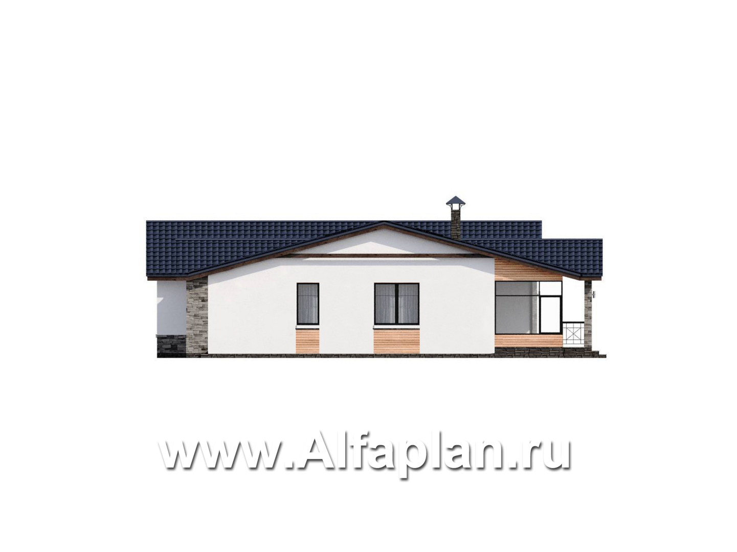 «Альтернатива» - проект современного одноэтажного дома, мастер спальня, с сауной и с террасой - фасад дома