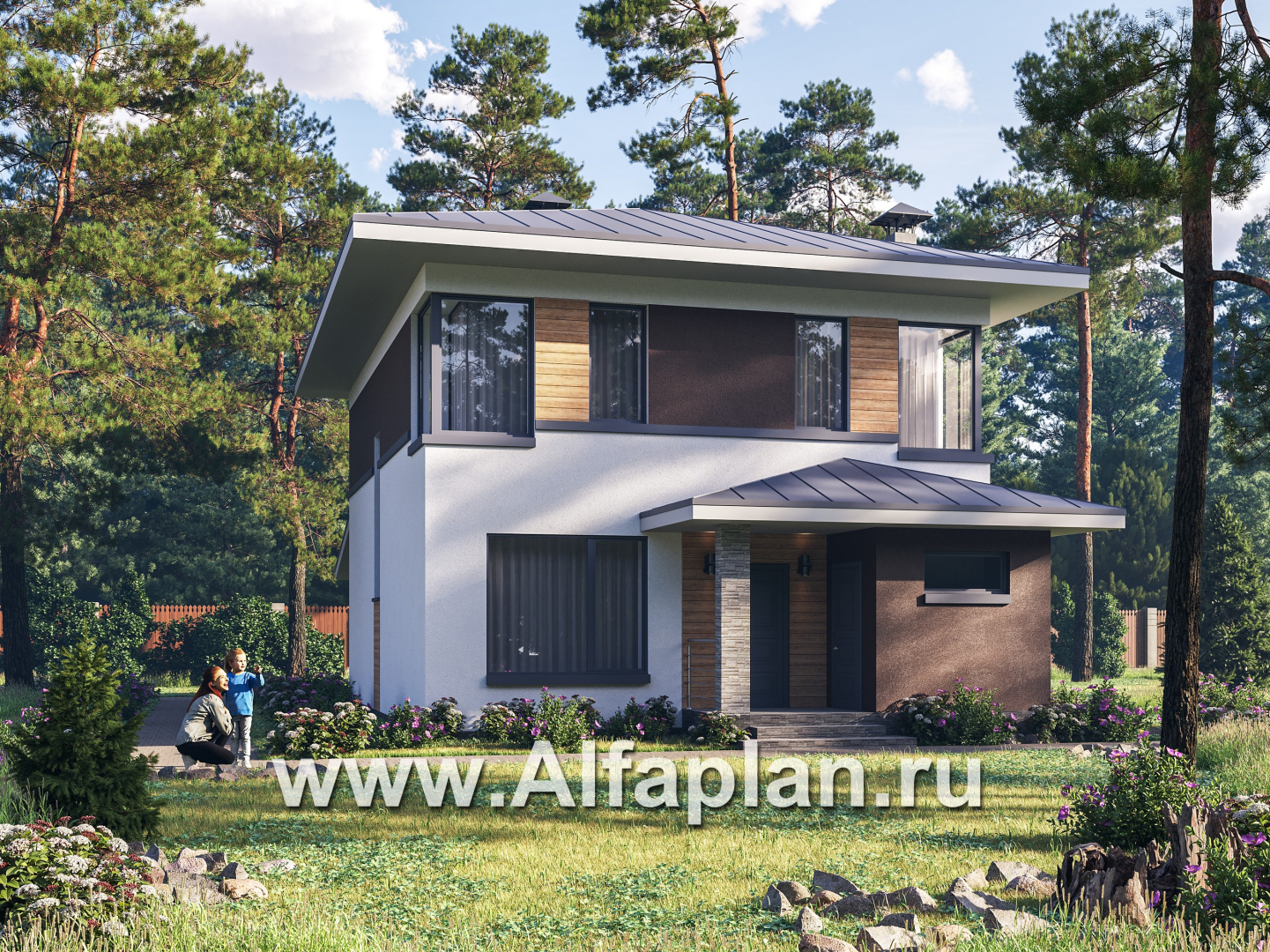 Проекты домов Альфаплан - "Генезис" - проект дома, 2 этажа, с остекленной террасой в стиле Райта - основное изображение