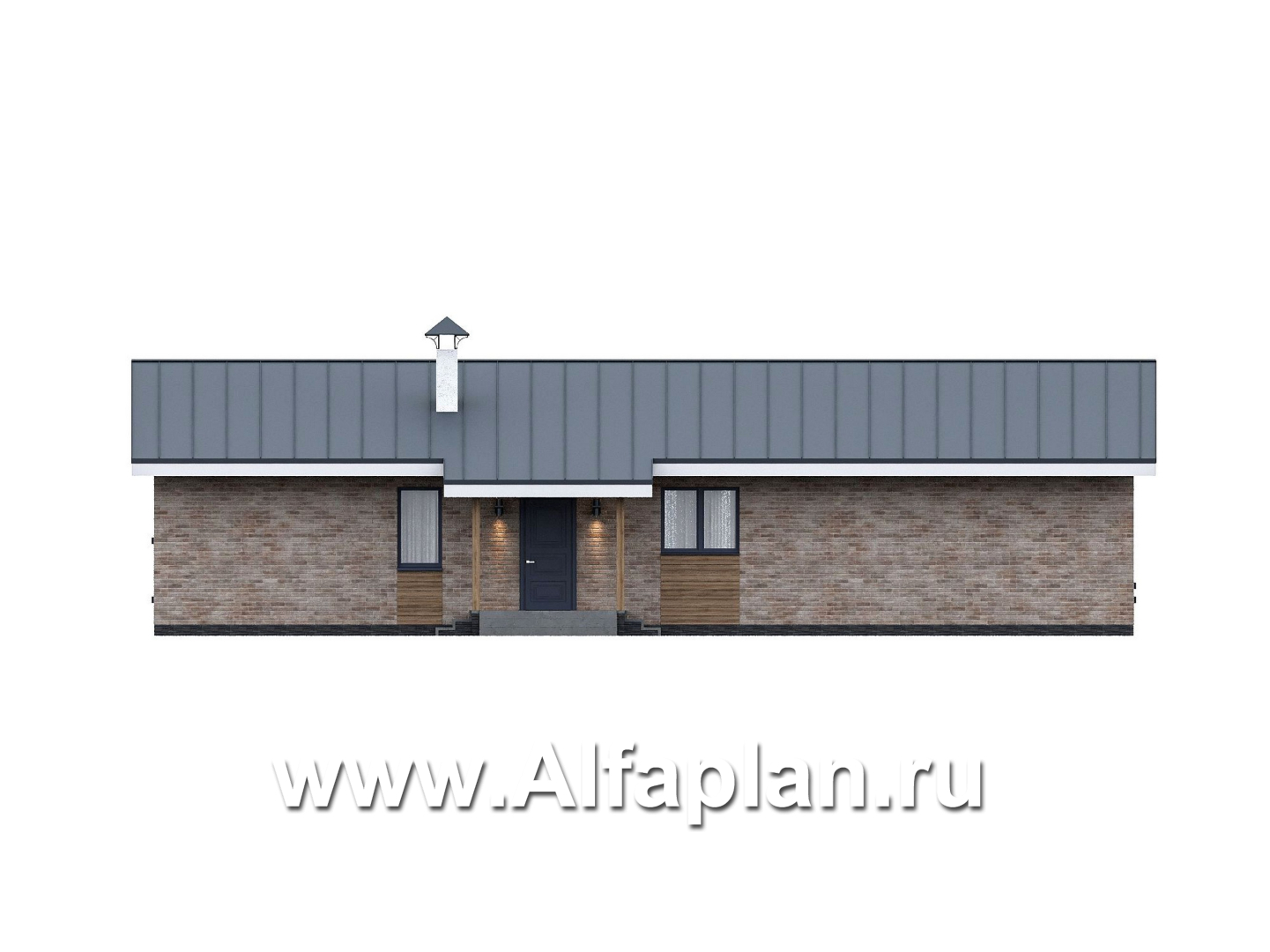 Проекты домов Альфаплан - "Алладин" - проект одноэтажного дома, мастер спальня, с террасой и красивым потолком гостиной со стропилами - изображение фасада №2