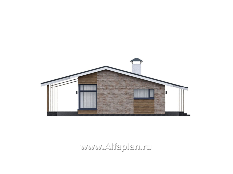 Проекты домов Альфаплан - "Алладин" - проект одноэтажного дома, мастер спальня, с террасой и красивым потолком гостиной со стропилами - превью фасада №1
