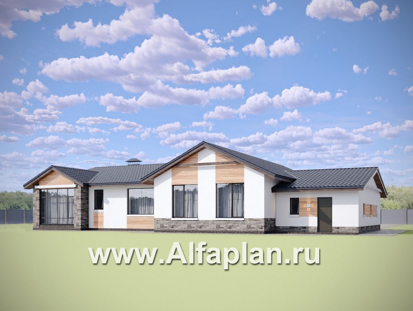 «Альтернатива» - проект современного одноэтажного дома, мастер спальня, с сауной и с террасой - дизайн дома №1