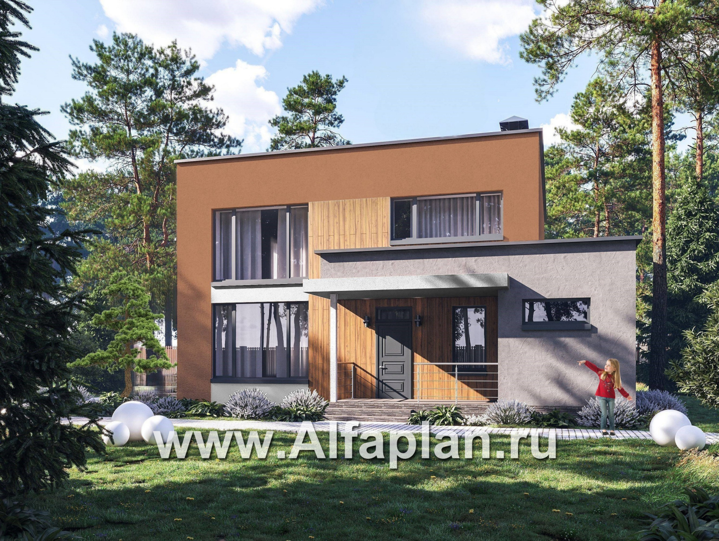 Проекты домов Альфаплан - "Коронадо" - проект дома, 2 этажа, с террасой и плоской крышей, мастер спальня, в стиле хай-тек - основное изображение