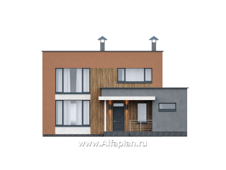 Проекты домов Альфаплан - "Коронадо" - проект дома, 2 этажа, с террасой и плоской крышей, мастер спальня, в стиле хай-тек - превью фасада №1