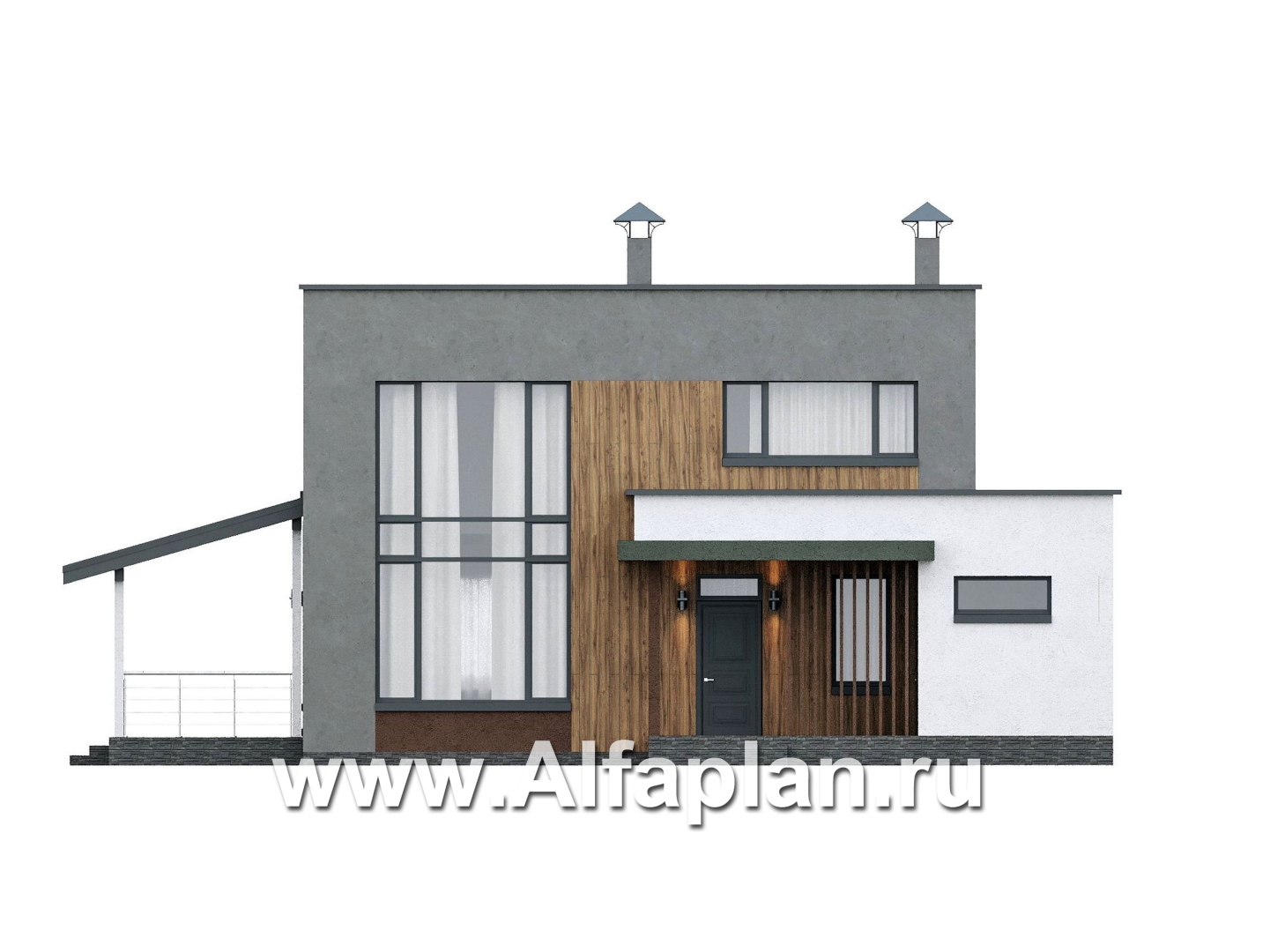 Проекты домов Альфаплан - "Коронадо" - проект дома, 2 этажа, со вторым светом гостиной, с террасой и плоской крышей, в стиле хай-тек - изображение фасада №1