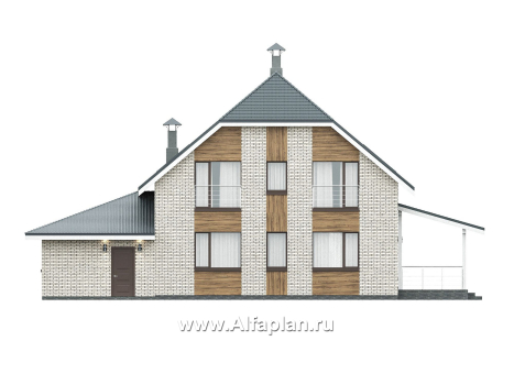 Проекты домов Альфаплан - "Династия" - проект дома с мансардой, мастер спальня, с террасой сбоку и гаражом с мастерской - превью фасада №4