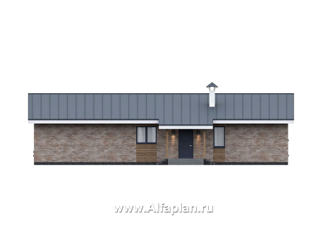 Проекты домов Альфаплан - "Алладин" - проект одноэтажного дома, мастер спальня, с террасой и красивым потолком гостиной со стропилами - превью фасада №3