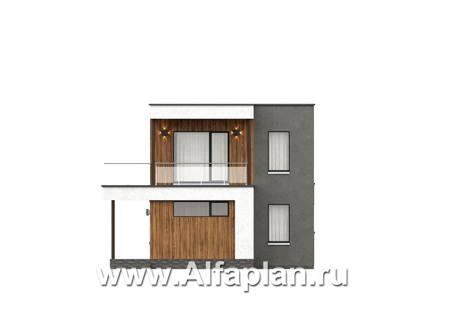 Проекты домов Альфаплан - "Викинг" - проект дома, 2 этажа, с сауной и с террасой, в стиле хай-тек - изображение фасада №1