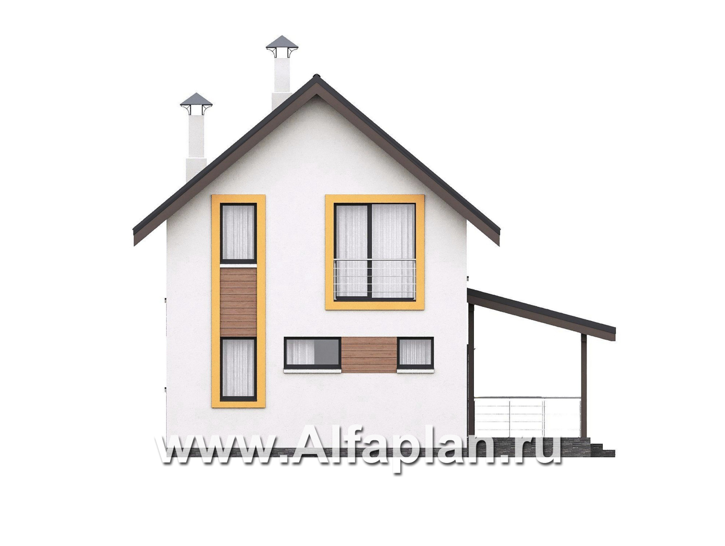 Проекты домов Альфаплан - "Викинг" - проект дома, 2 этажа, с сауной и с террасой сбоку, в скандинавском стиле - изображение фасада №1