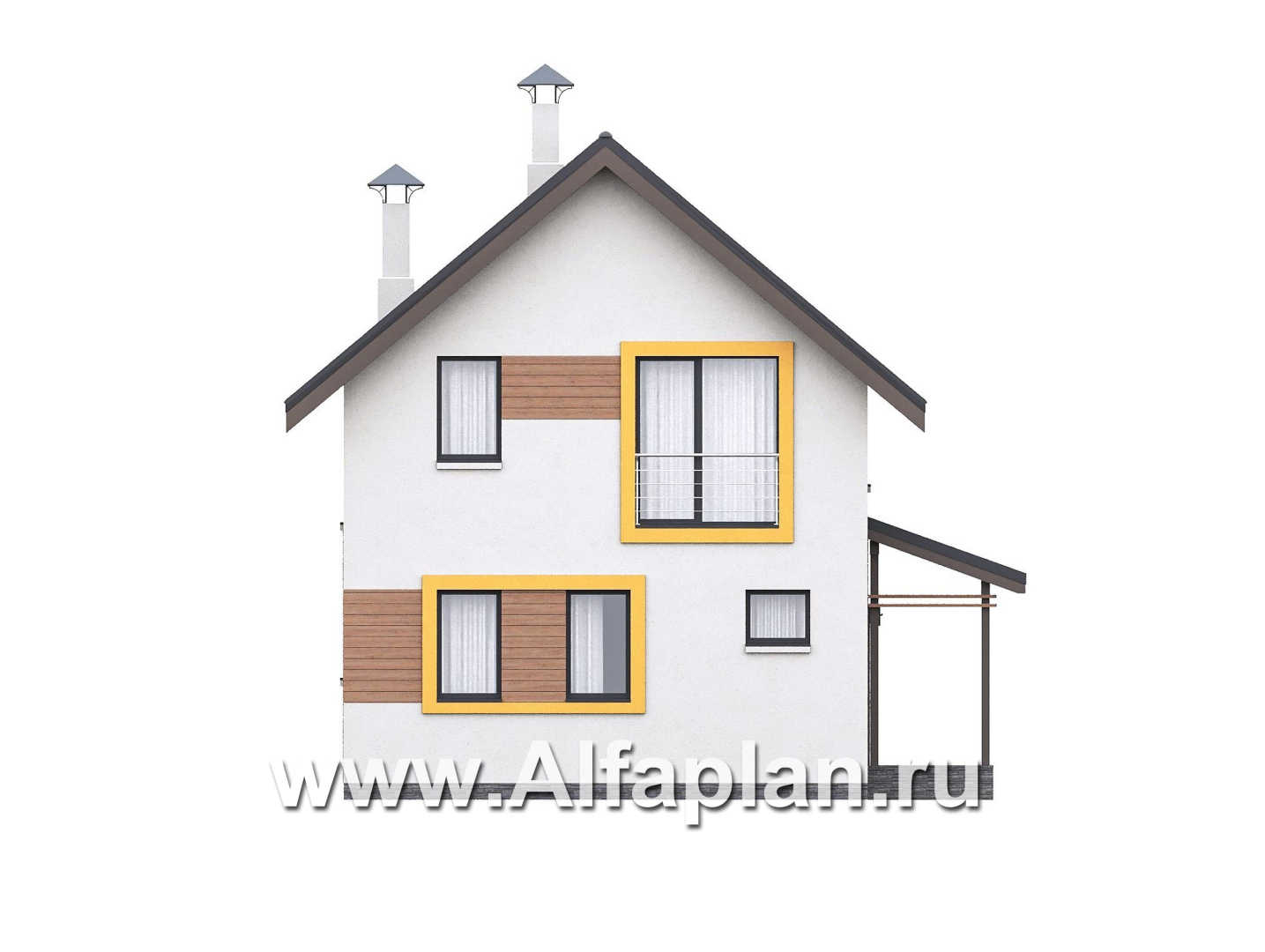 Проекты домов Альфаплан - "Викинг" - проект дома, 2 этажа, с сауной и с террасой, в скандинавском стиле - изображение фасада №1