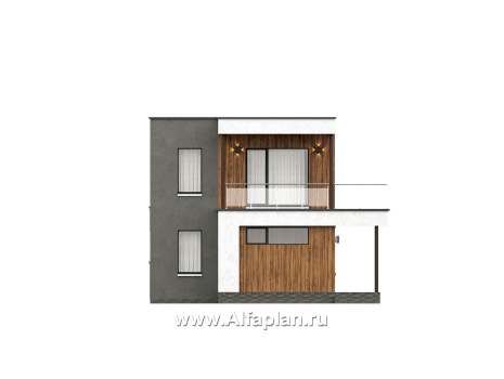 Проекты домов Альфаплан - "Викинг" - проект дома, 2 этажа, с сауной и с террасой, в стиле хай-тек - превью фасада №1