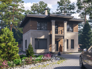 «Невада» - проект двухэтажного дома из газобетона, с террасой, в стиле Райта