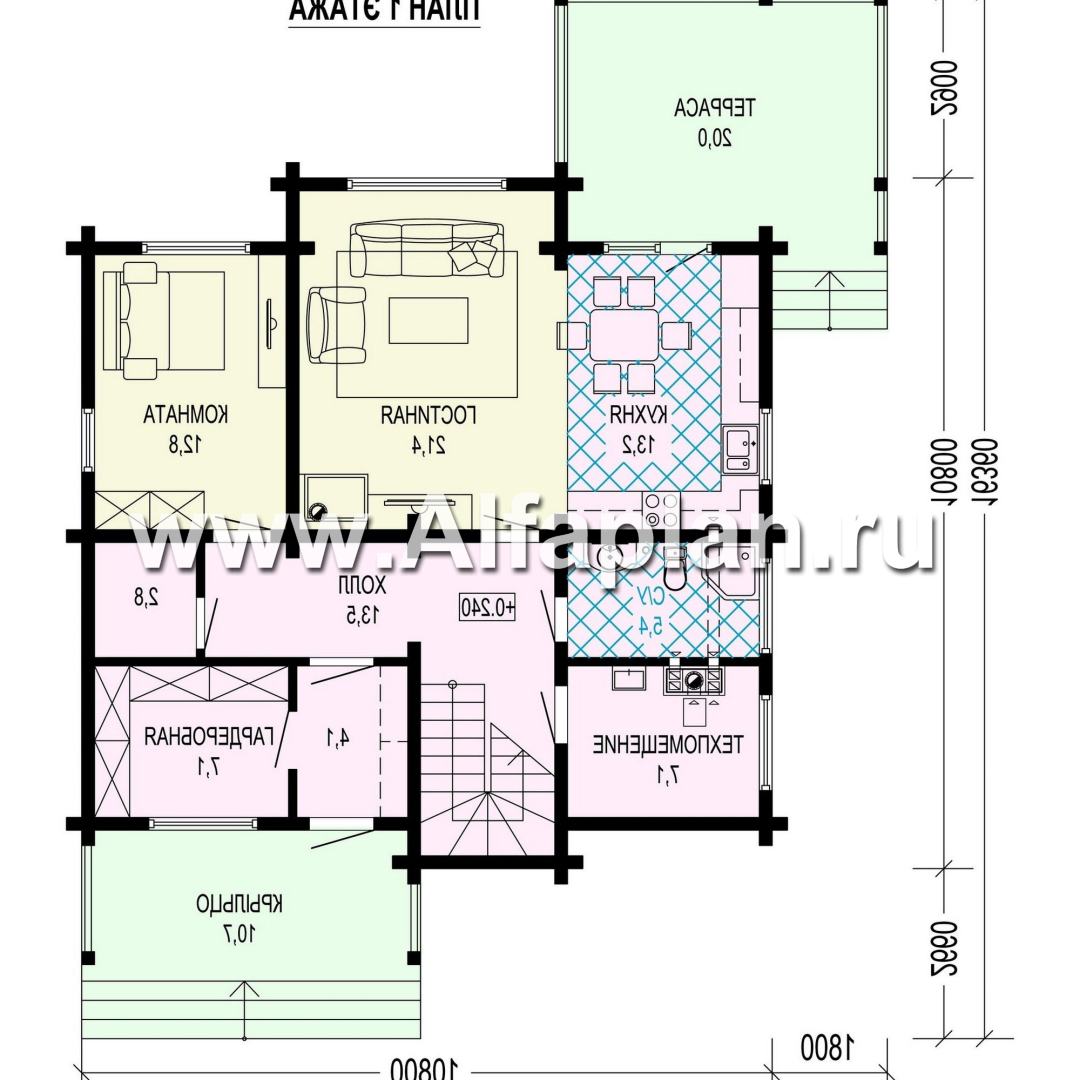 Проект двухэтажного дома из клееного бруса, планировка со спальней на 1 эт, с террасой - план дома
