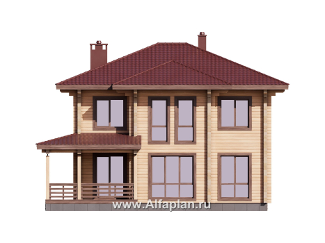 Проект двухэтажного дома из клееного бруса, планировка со спальней на 1 эт, с террасой - превью фасада дома