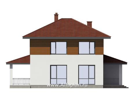 Проект загородного дома, c кабинетом на 1 эт и с террасой, гараж на 1 авто + навес на 2 авто - превью фасада дома