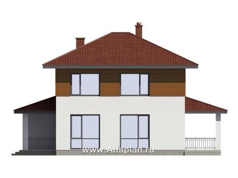 Проект загородного дома, c кабинетом на 1 эт и с террасой, гараж на 1 авто + навес на 2 авто - превью фасада дома