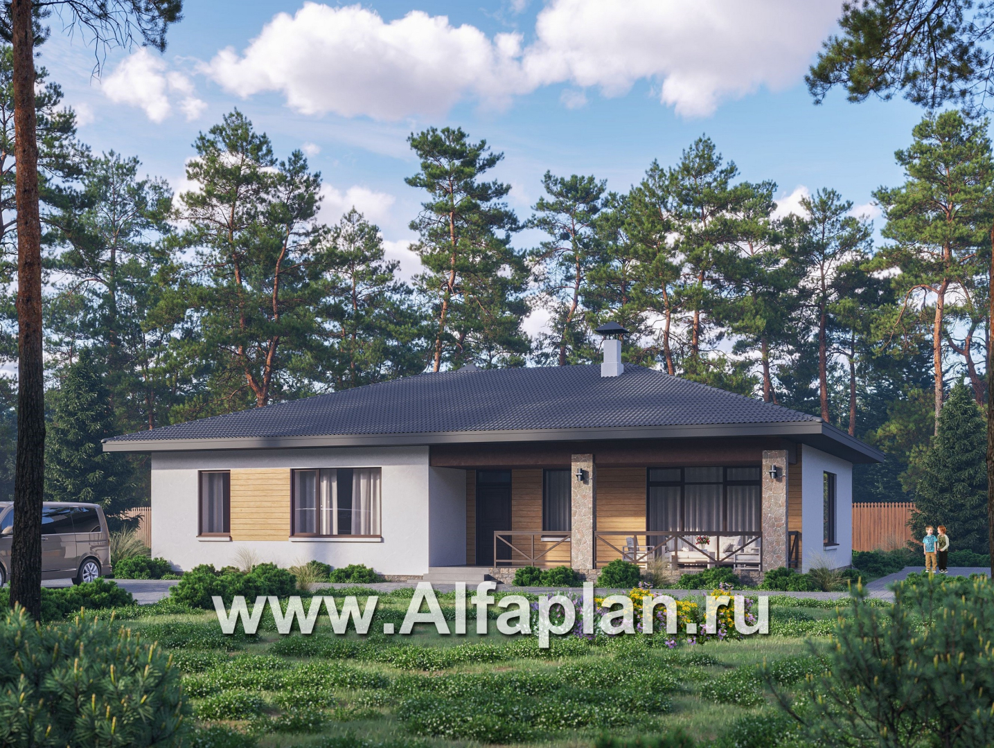 «Serenity» - проект одноэтажного дома, терраса со стороны входа, планировка мастер спальня, 4 спальни - основное изображение