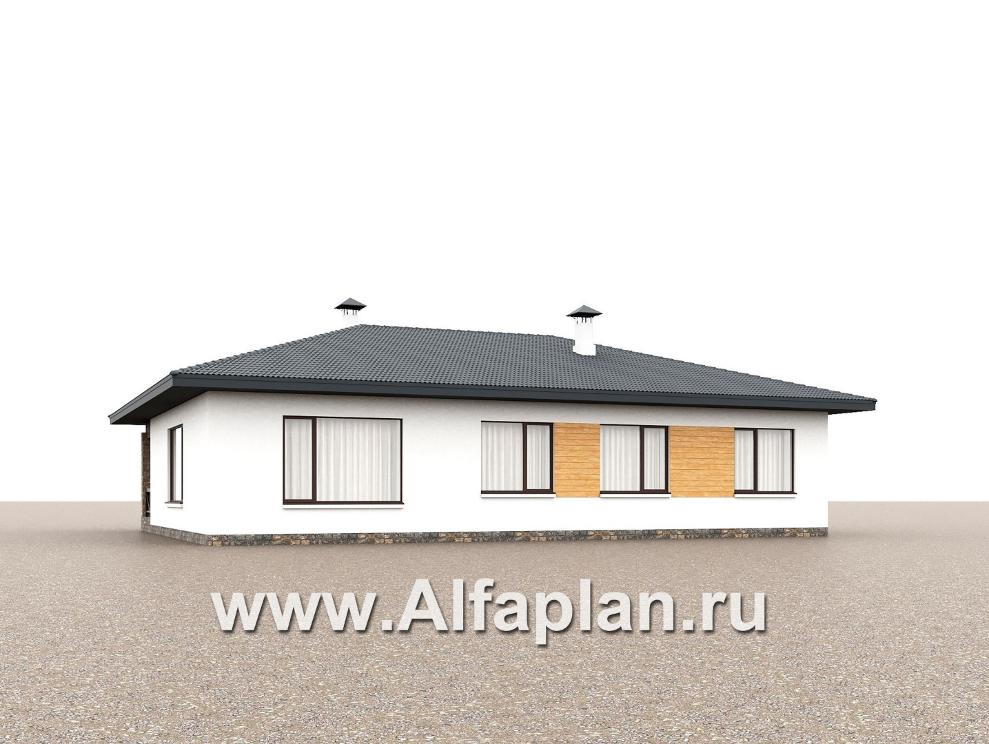 «Serenity» - проект одноэтажного дома, терраса со стороны входа, планировка мастер спальня, 4 спальни - дизайн дома №2