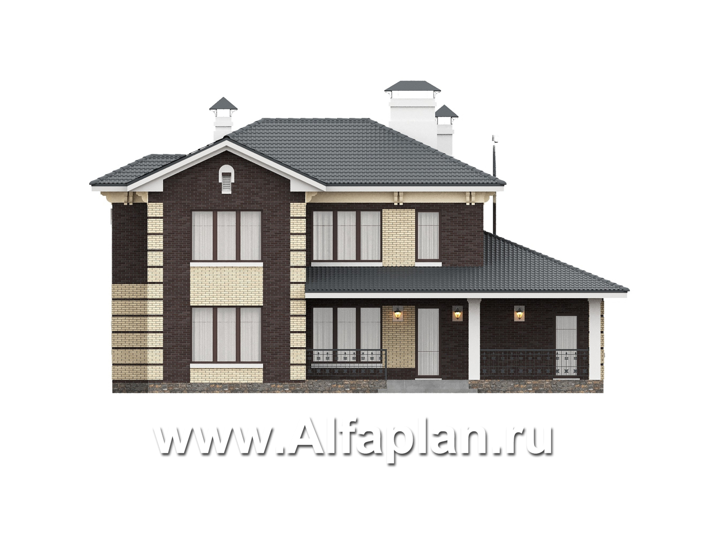 «Репутация» - красивый проект двухэтажного дома из газобетона, планировка с эркером и сауной, в английском стиле - фасад дома