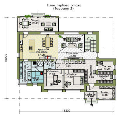 «Каменная гавань» - проект двухэтажного коттеджа, планировка две спальни на 1 эт и второй свет в гостиной, три мастер спальни, в стиле минимализм - превью план дома
