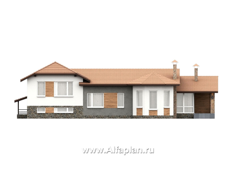 «Ной и команда» - проект полутораэтажного коттеджа, планировка мастер спальня, с эркером и с террасой, с сауной в цоколе - превью фасада дома