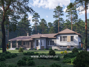 «Ной и команда» - проект полутораэтажного коттеджа, планировка мастер спальня, с эркером и с террасой, с сауной в цоколе