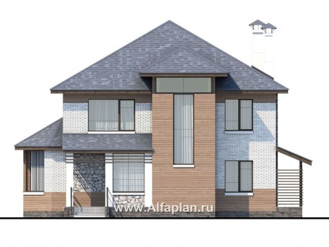 «Агент 007» - проект двухэтажного дома с эркером и с террасой, в современном стиле - превью фасада дома