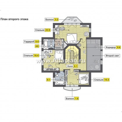 Проект двухэтажного дома, план с гостевой на 1 эт и с террасой, мастер спальня, с гаражом на 2 авто, в русском стиле - превью план дома