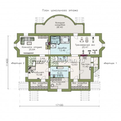 Проекты домов Альфаплан - «Родное сердце» - дом с цокольным этажом на две семьи для детей и родителей - превью плана проекта №1