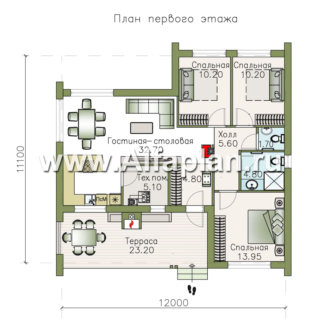 Проекты домов Альфаплан - «Эпсилон» - каркасный дом с тремя спальнями - изображение плана проекта №1