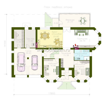 «Амбиент» - проект двухэтажного дома с двумя эркерами в стиле замка, с террасой и с гаражом - превью план дома