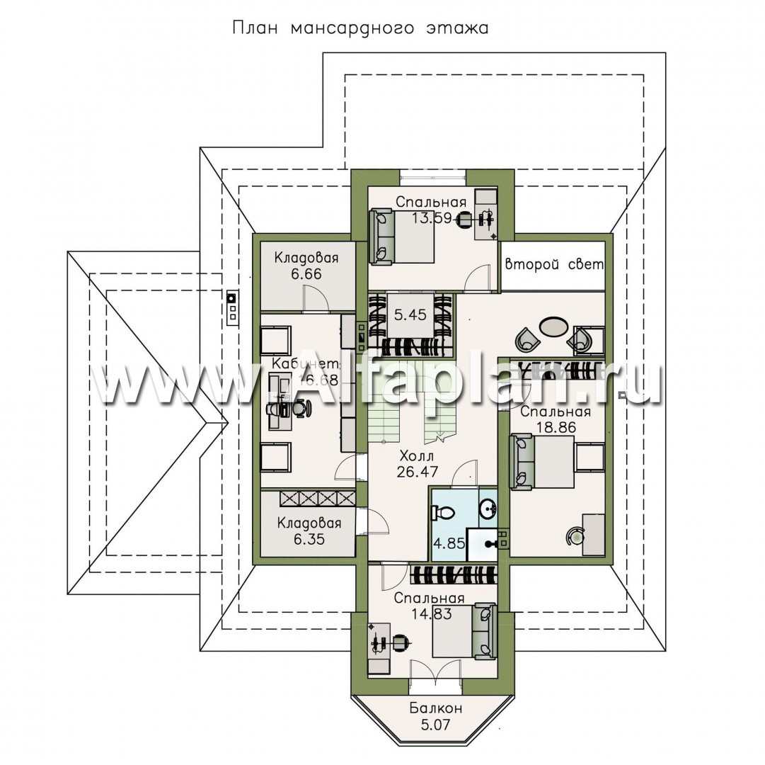 Проекты домов Альфаплан - «Валдай» - мансардный дом с гаражом и красивым эркером - план проекта №2