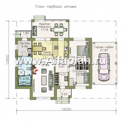 Проекты домов Альфаплан - «Княженика» - экономичный одноэтажный дом с навесом для машины - превью плана проекта №1