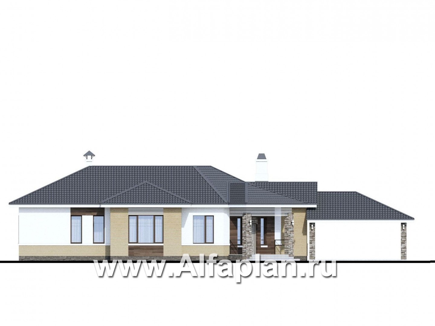 «Альтер Эго» - проект эксклюзивного одноэтажного дома из кирпича, с террасой, мастер спальня, спортзал - фасад дома