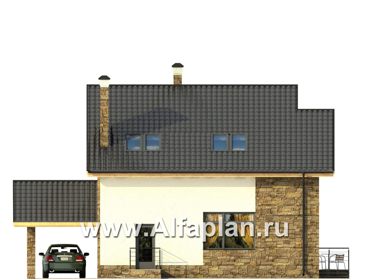 Проекты домов Альфаплан - Двухэтажный кирпичный коттедж с угловым витражом - изображение фасада №4