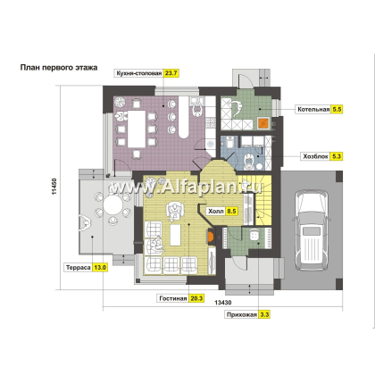 Проекты домов Альфаплан - Двухэтажный кирпичный коттедж с угловым витражом - превью плана проекта №1