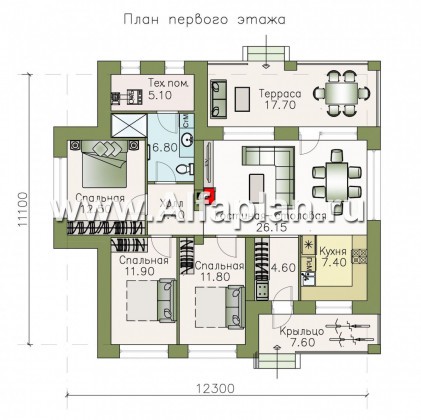 Проекты домов Альфаплан - «Волхов» - уютный одноэтажный коттедж с тремя спальнями - превью плана проекта №1