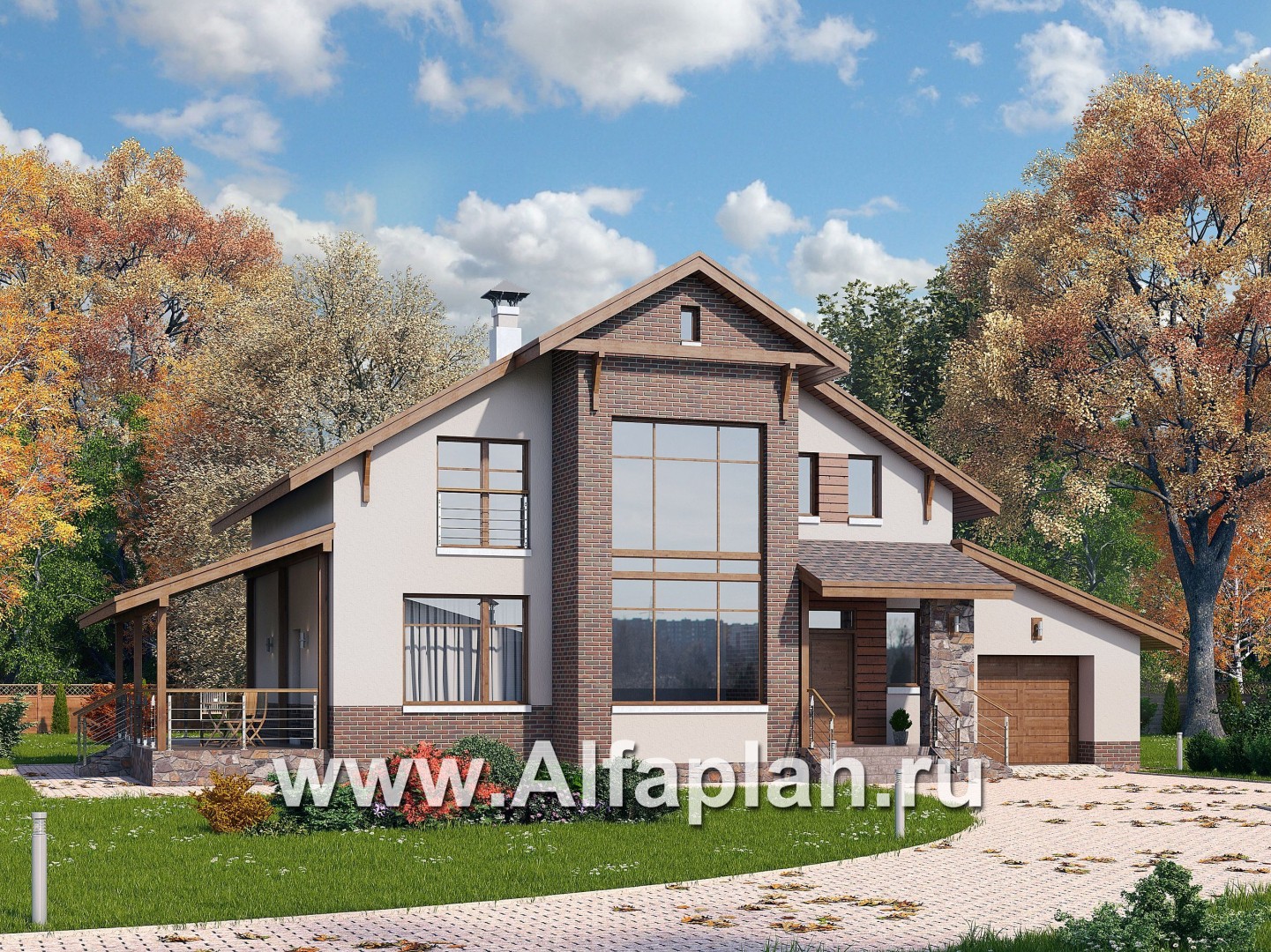 Проекты домов Альфаплан - «Регата» - комфортный дом с террасой и гаражом - основное изображение